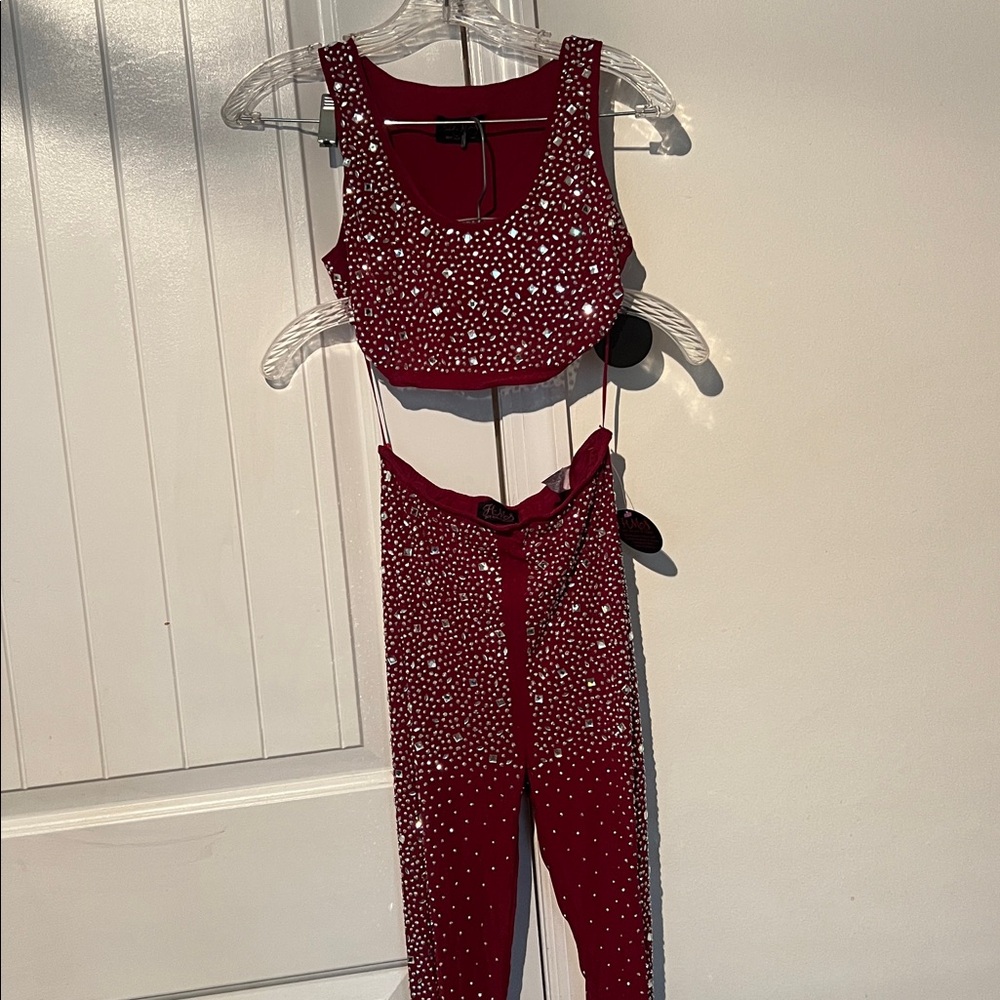 New Hot Miami Styles rhinestone embellished pants set size S Burgundy Red